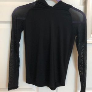 Athletic black long sleeve with mesh sleeves, hood